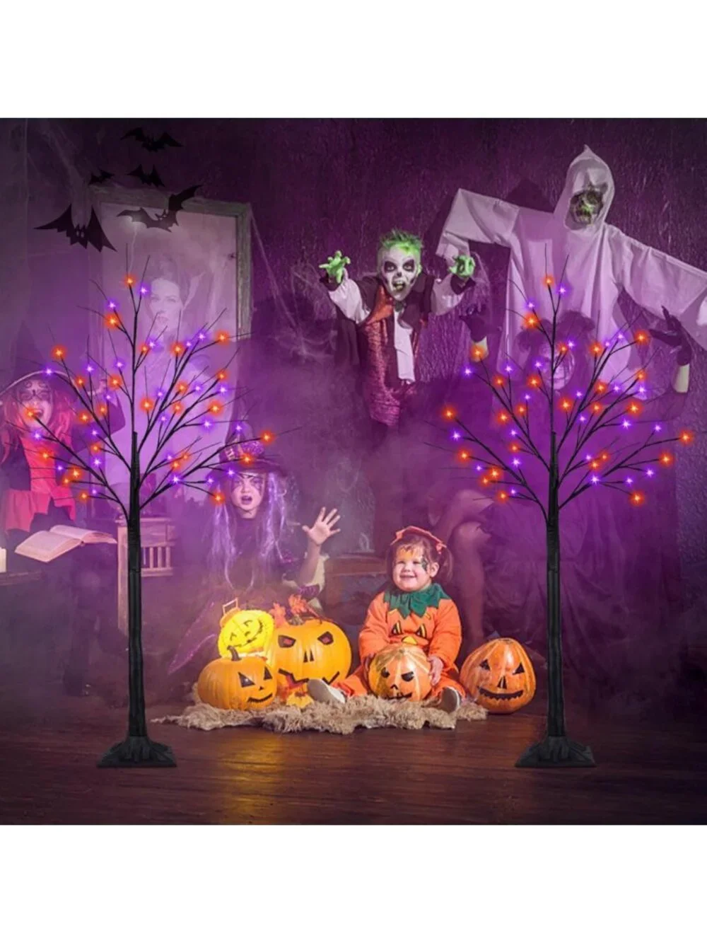 2 Pack 4FT Black Halloween Tree with 100 LED Orange & Purple Lights - Spooky